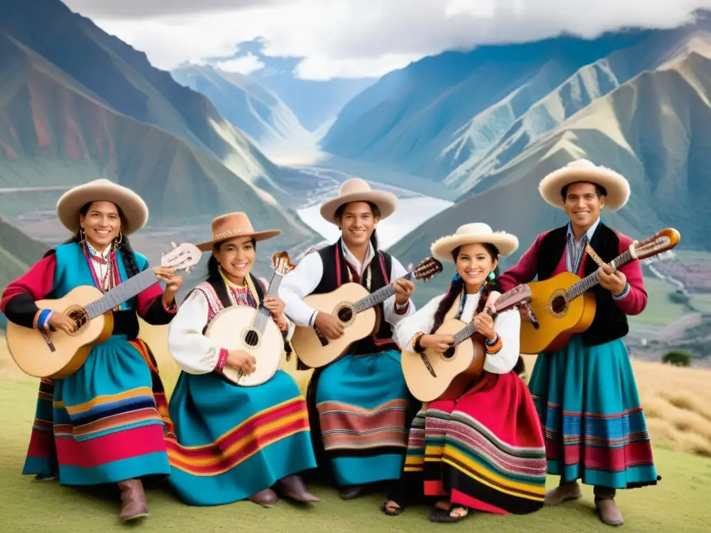 Grupo de músicos peruanos en trajes andinos, tocando instrumentos tradicionales frente a los majestuosos Andes