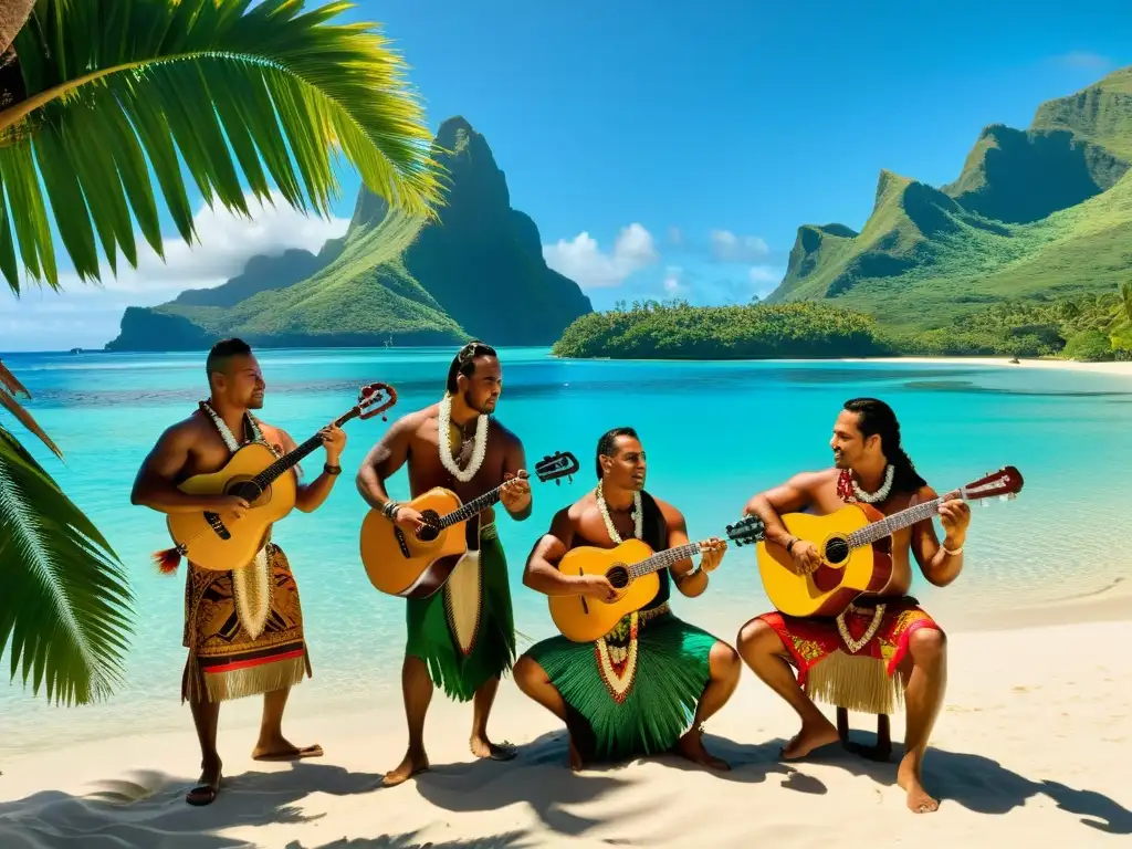 Un grupo de músicos polinesios tocan instrumentos tradicionales bajo una palmera junto al mar