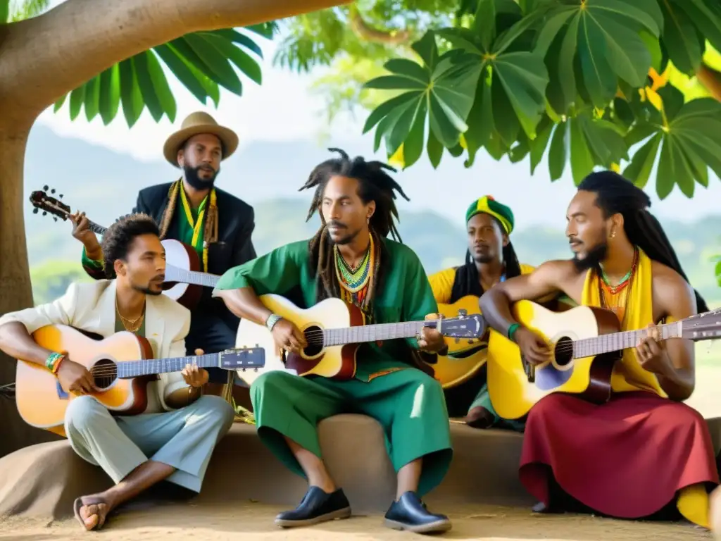 Un grupo de músicos rastafaris tocando reggae bajo un mango, con aves coloridas y vestimenta tradicional