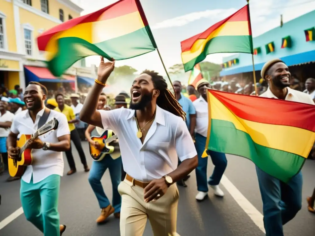 Grupo de músicos tocando reggae en un desfile callejero vibrante en Kingston, Jamaica