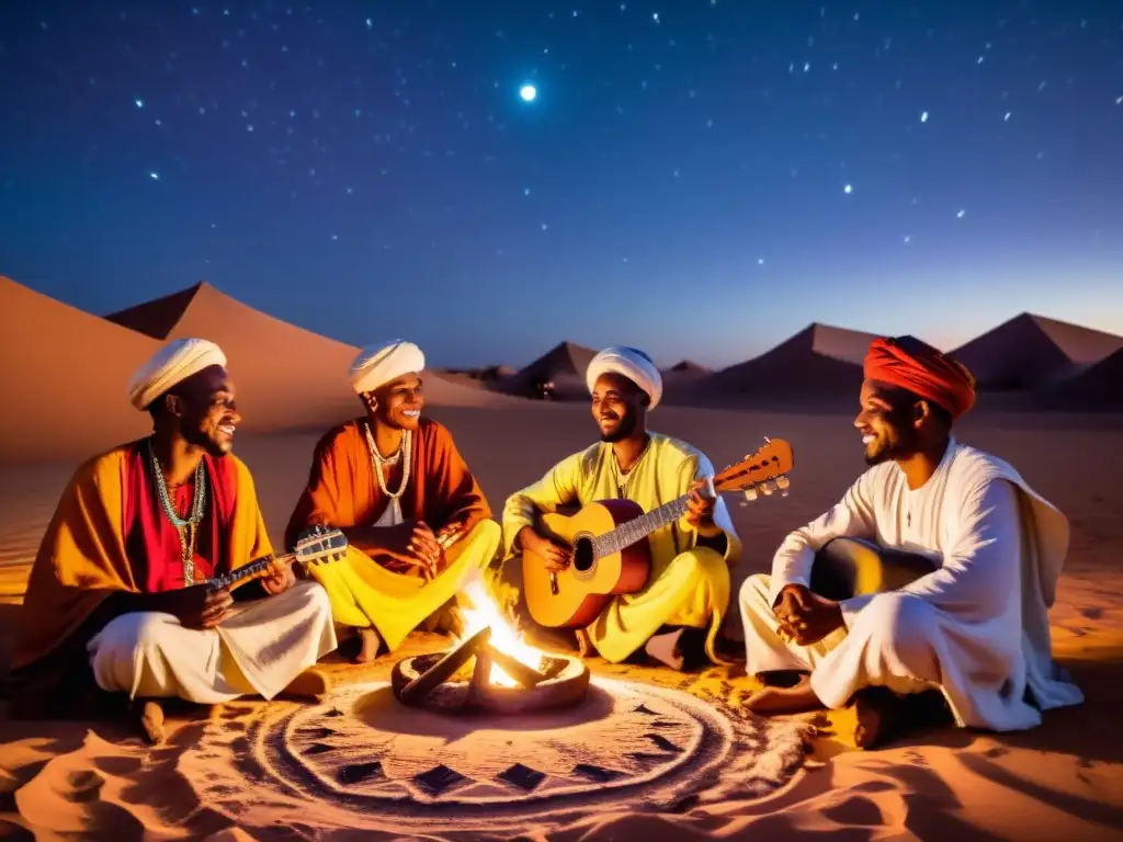 Grupo de músicos saharauis tocando bajo las estrellas en el Festival de Música del Sáhara, rodeados de tiendas de colores y una cálida hoguera