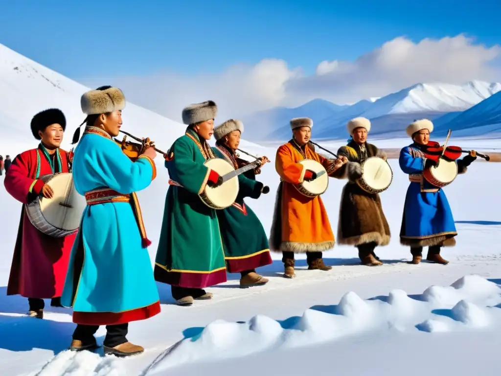 Grupo de músicos tradicionales de Tuva realizando canto de garganta y tocando instrumentos en un paisaje nevado, en Festivales de Invierno en Tuva