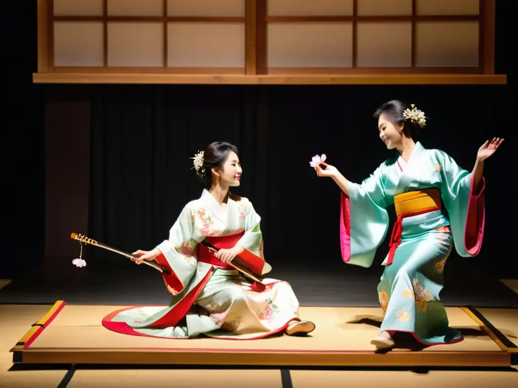 Grupo de músicos tradicionales japoneses y bailarina ejecutando música folclórica japonesa en un escenario decorado con cerezos en flor y vestidos con kimonos vibrantes, creando una atmósfera evocadora de la cultura japonesa ancestral