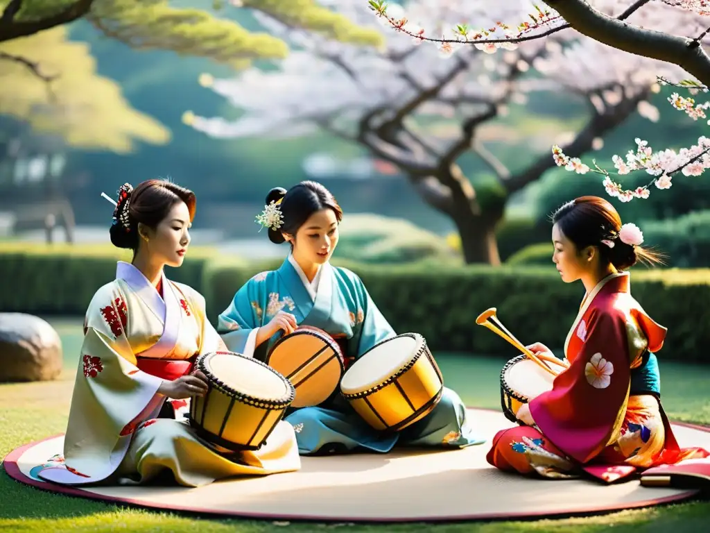 Un grupo de músicos tradicionales japoneses transformando la música folclórica en un jardín sereno rodeado de árboles de cerezo en flor