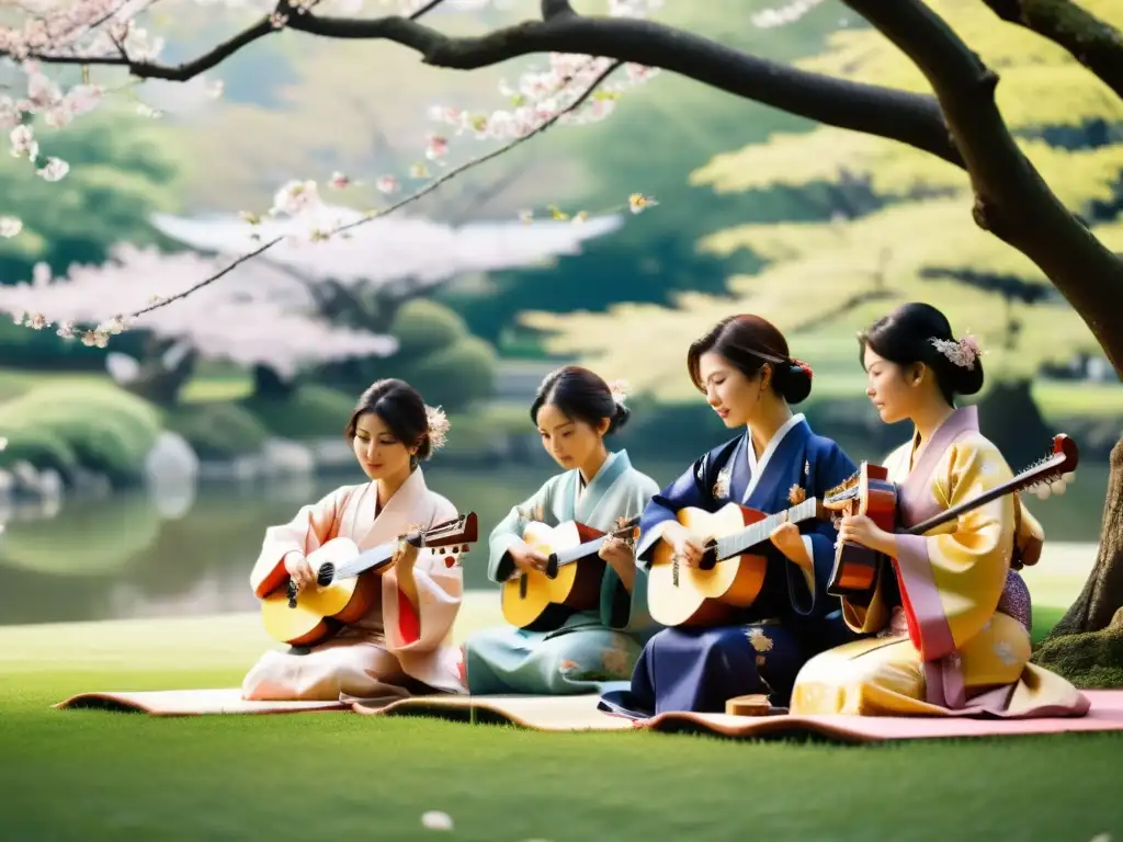 Grupo de músicos tradicionales japoneses tocando instrumentos bajo los cerezos en flor, reflejando la transformación música folclórica japonesa