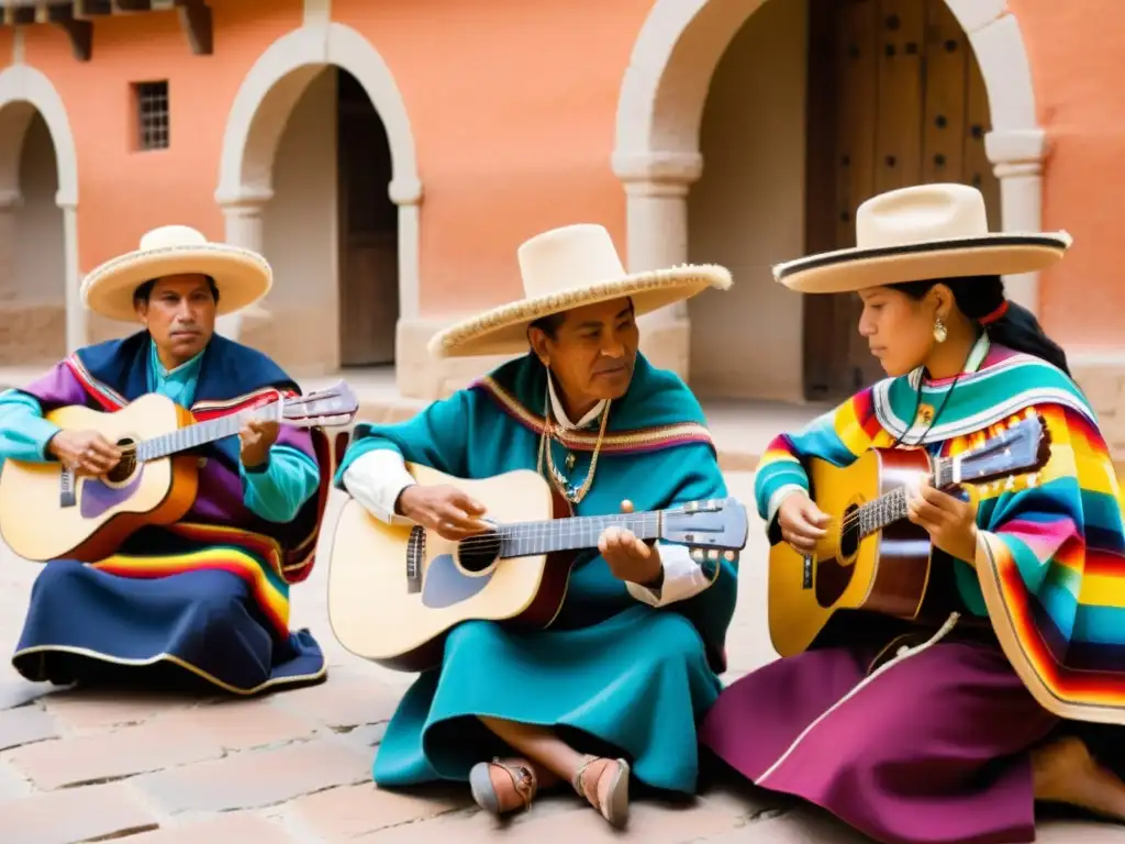 Grupo de músicos tradicionales peruanos tocando en una plaza soleada, capturando la esencia de la música tradicional sierra peruana