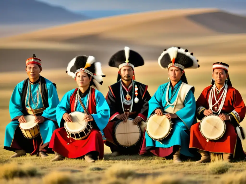 Un grupo de músicos tuvinianos viste atuendos tradicionales, toca instrumentos y canta en la estepa