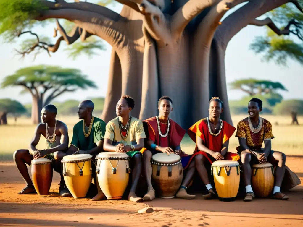 Un grupo de músicos vestidos con ropa tradicional africana, tocando instrumentos tradicionales bajo la sombra de un gran baobab en la sabana africana, creando una escena cautivadora que captura la esencia de la música tradicional en África francófona