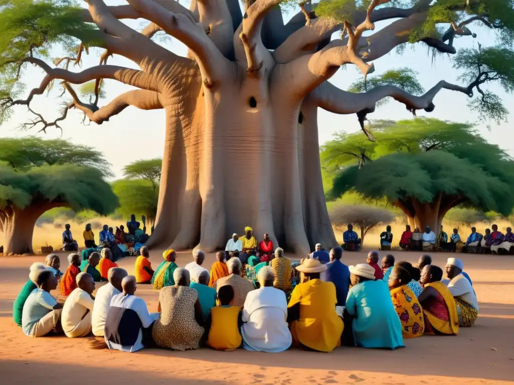 Un grupo de narradores tradicionales senegaleses comparte historias bajo un baobab, rodeados de oyentes de todas las edades