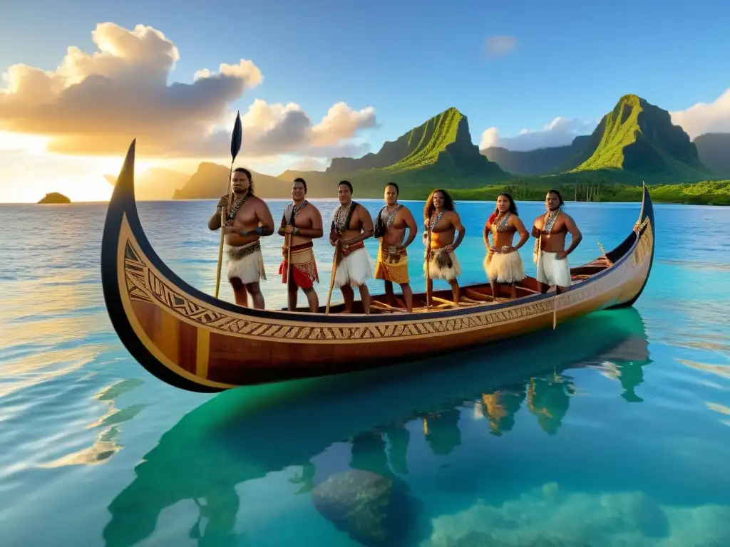 Grupo de navegantes polinesios en una canoa de doble casco, con el océano Pacífico de aguas cristalinas detrás