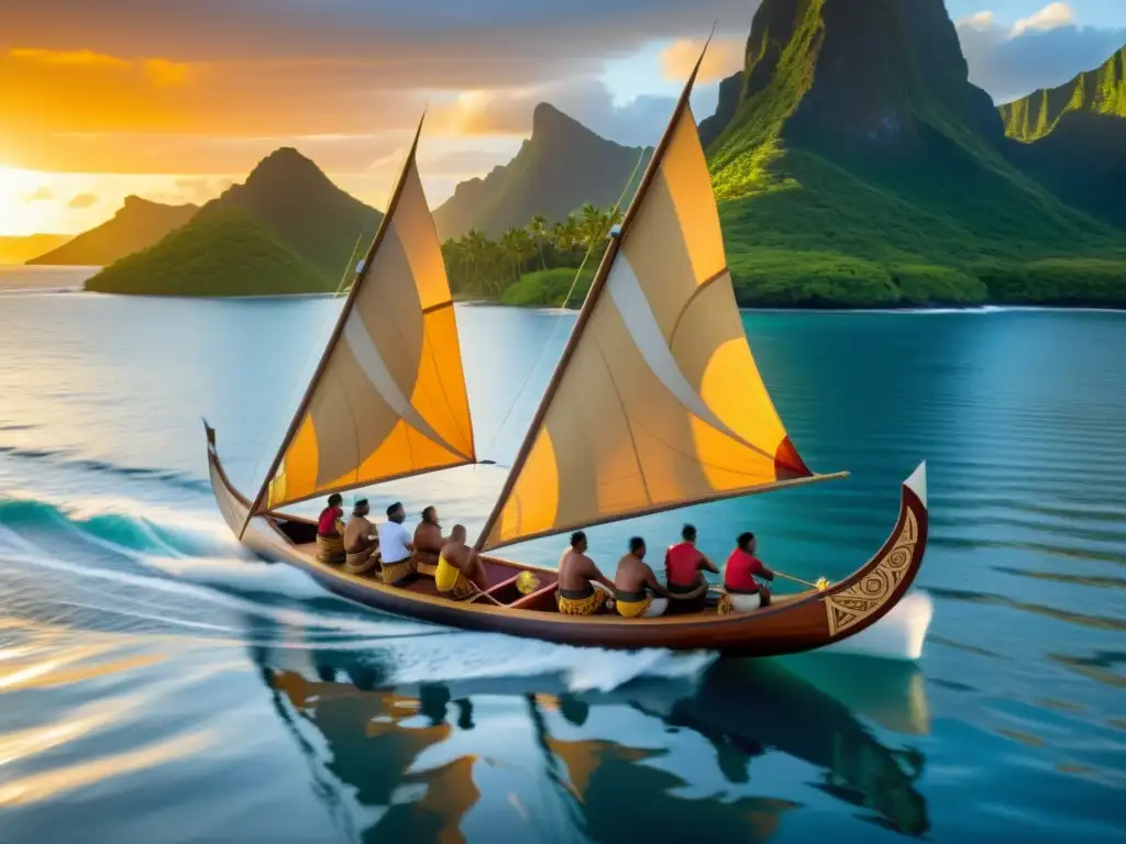 Grupo de navegantes polinesios partiendo en una canoa tradicional al atardecer, destacando la belleza de las ceremonias de navegación en Polinesia