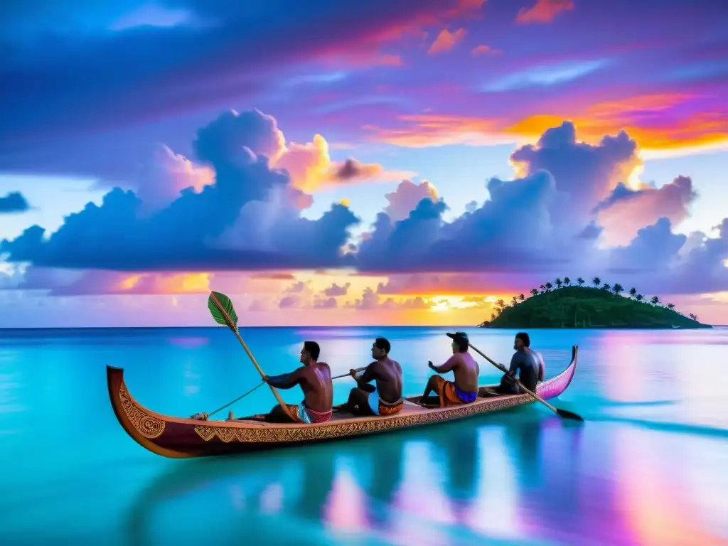 Un grupo de navegantes polinesios maniobra una canoa tradicional de madera sobre aguas turquesas, enmarcados por un vibrante atardecer