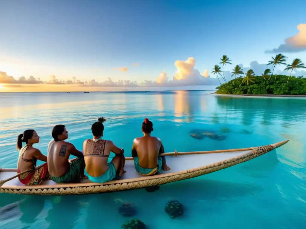 Grupo de navegantes tradicionales de Micronesia zarpan en canoa ceremonial, envueltos en tatuajes y tapa cloth, mientras el sol se pone sobre el Pacífico