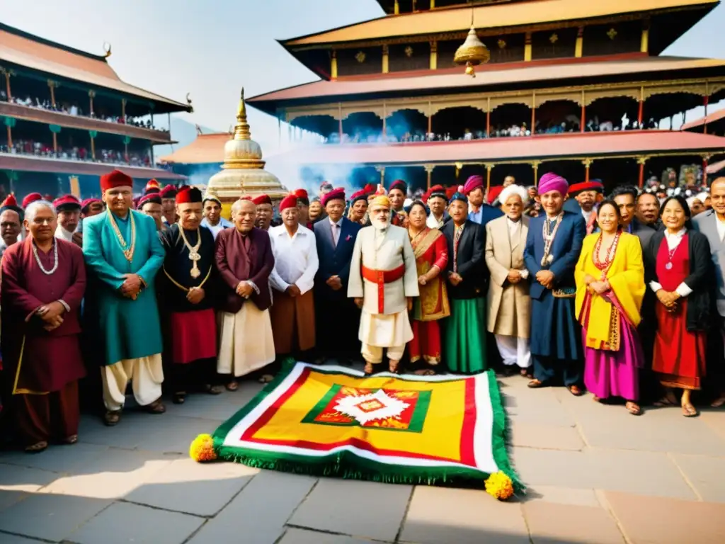 Grupo de nepaleses celebra Festival Dasain con rituales sagrados y coloridas tradiciones en vibrante plaza de Nepal