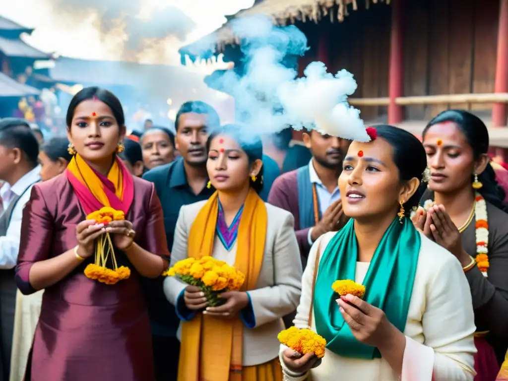 Grupo nepalí celebra el Festival Dasain con rituales sagrados, vestimenta tradicional, tika y marigolds, en un entorno espiritual y colorido