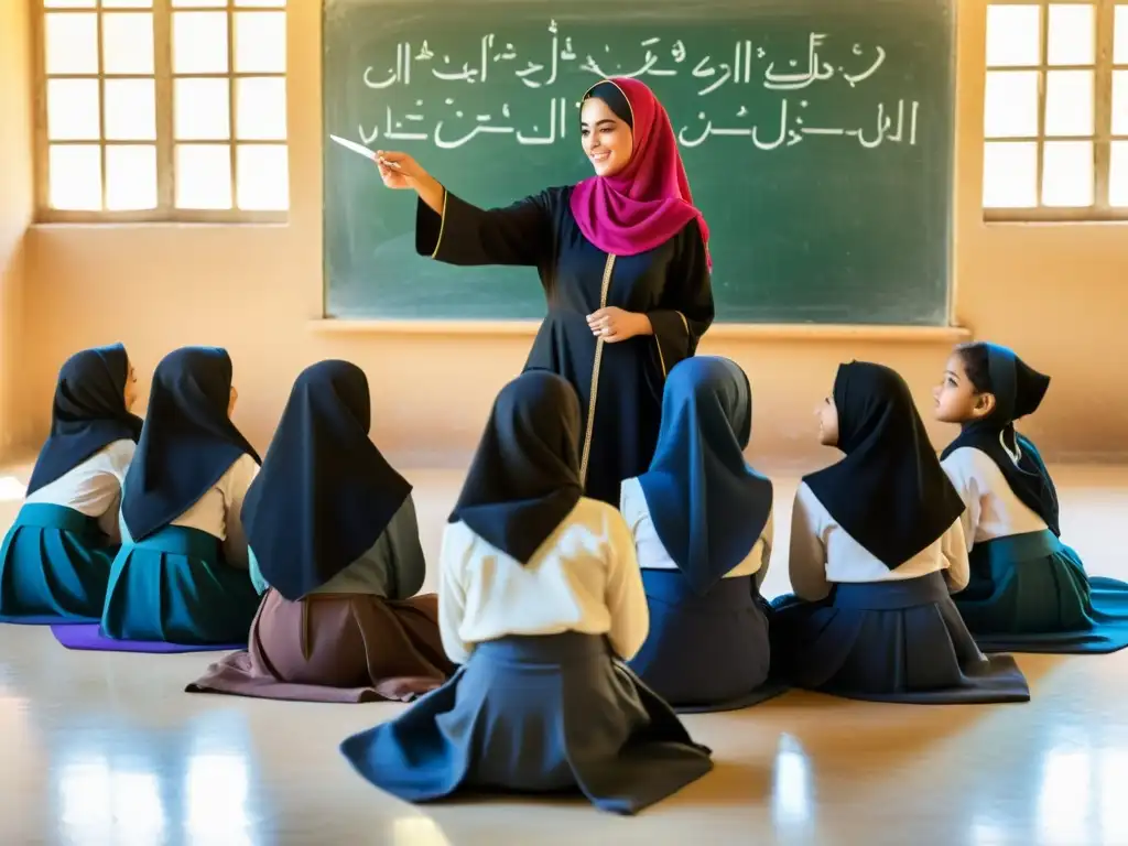 Grupo de niñas en hijab escuchan atentas a su maestra en una aula iluminada, rodeada de arte islámico