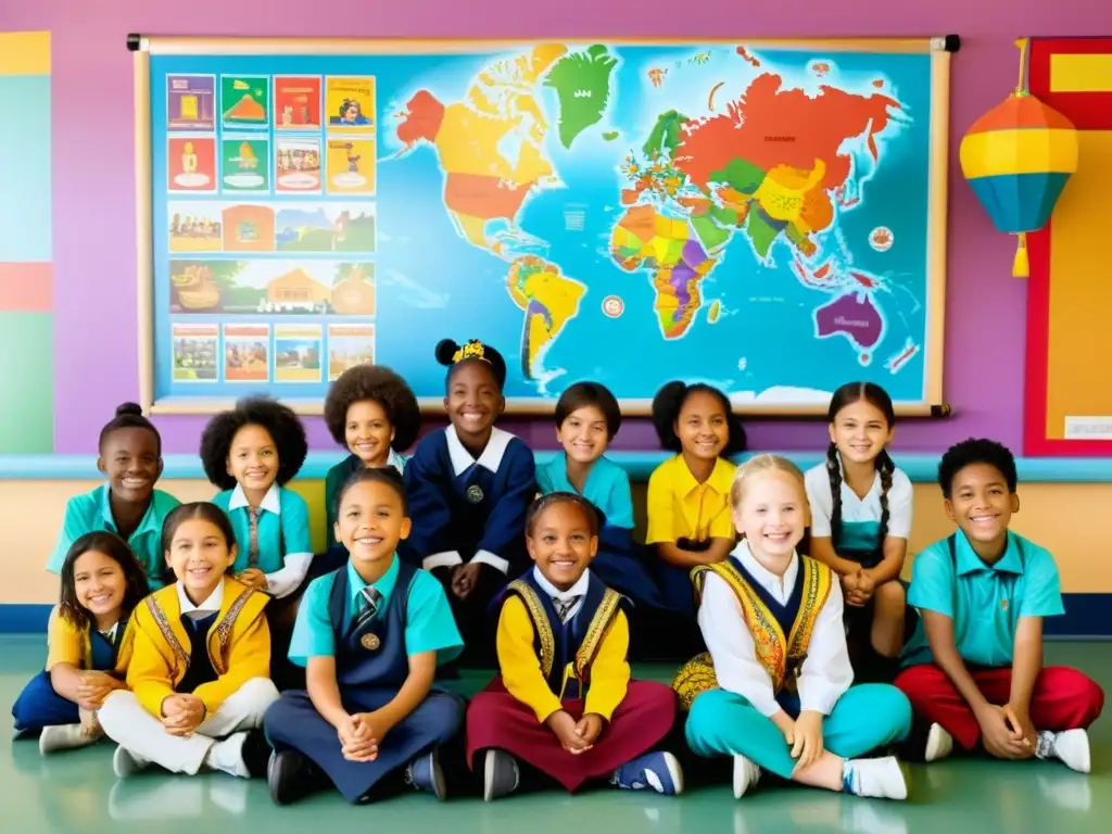 Grupo de niños de diferentes culturas compartiendo historias y tradiciones en un aula colorida