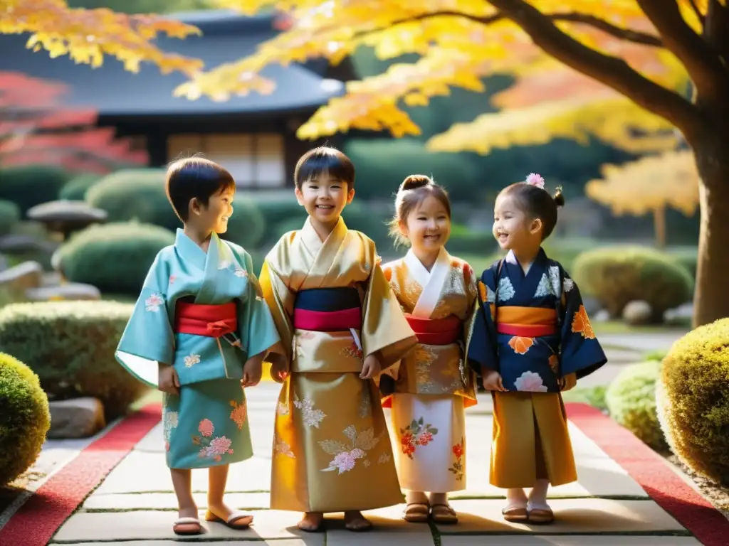 Un grupo de niños en kimonos japoneses disfrutan de ShichiGoSan bendiciones en un jardín otoñal con un santuario al fondo