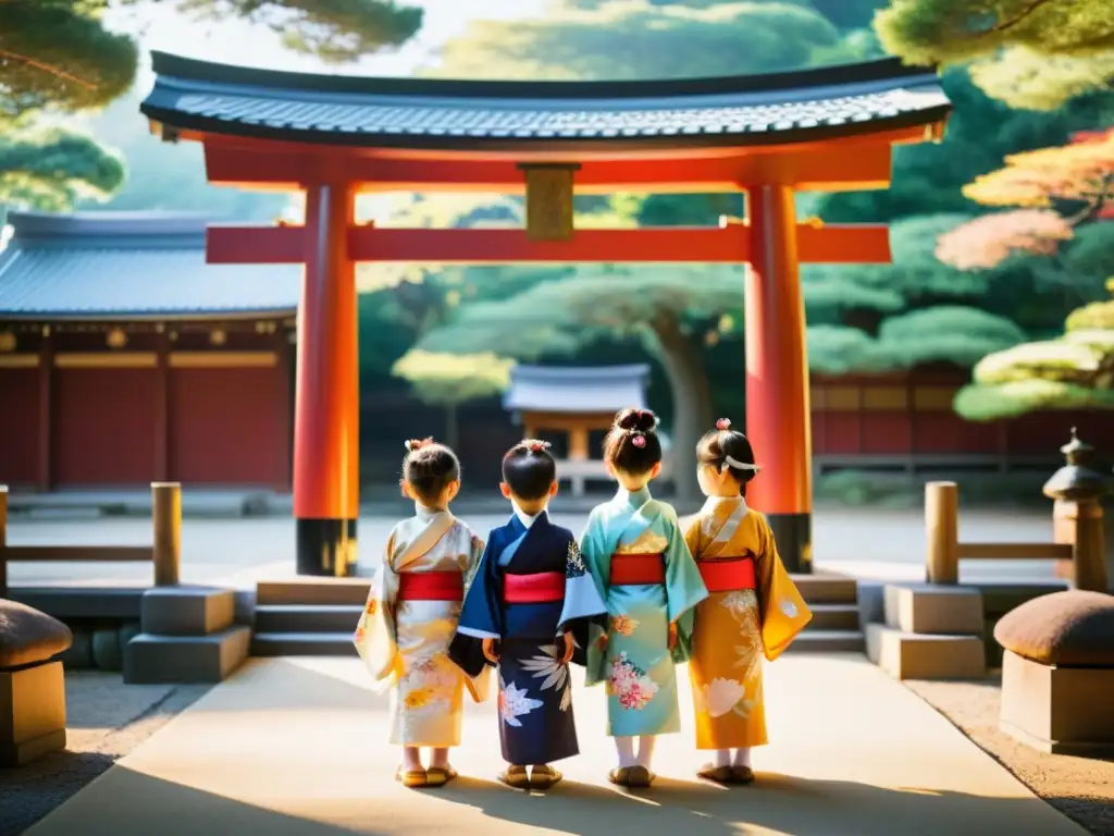 Un grupo de niños vistiendo kimonos tradicionales en el festival ShichiGoSan, recibiendo bendiciones en un santuario Shinto