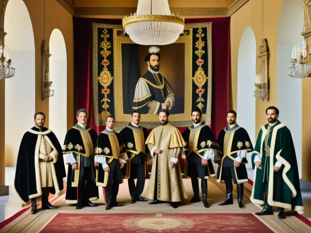 Grupo de nobles y cortesanos del Siglo de Oro en un lujoso salón, luciendo capas españolas, ilustrando la historia de la capa española