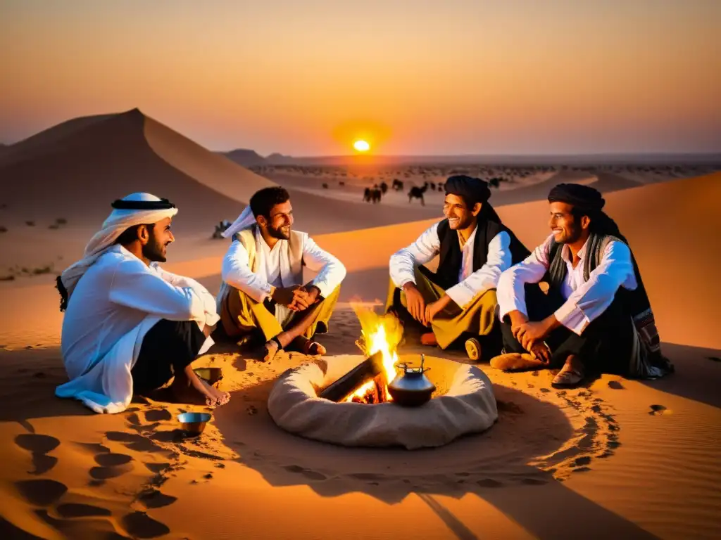 Grupo de nómadas beduinos en el desierto árabe, compartiendo historias alrededor de una fogata al atardecer, capturando la esencia de la cultura beduina