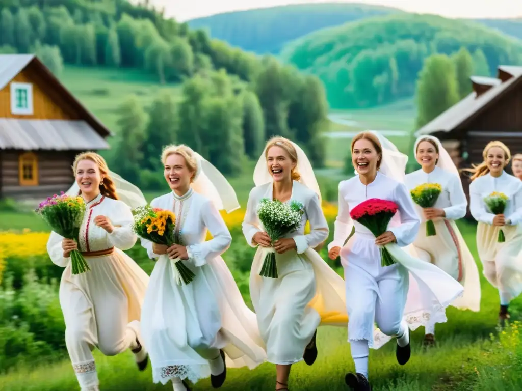 Grupo de novias rusas corriendo en tradicional carrera de bodas en un pueblo rural de Rusia, evocando tradición y celebración