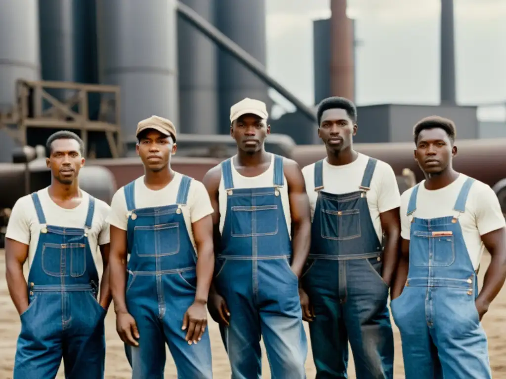 Grupo de obreros en denim frente a fábrica, reflejando la influencia de los ropajes de trabajo en la historia laboral