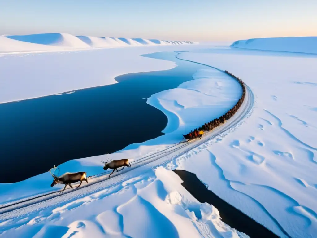 Grupo de pastores de renos guían trineo en Siberia, destacando la importancia de comunicación y transporte en la región