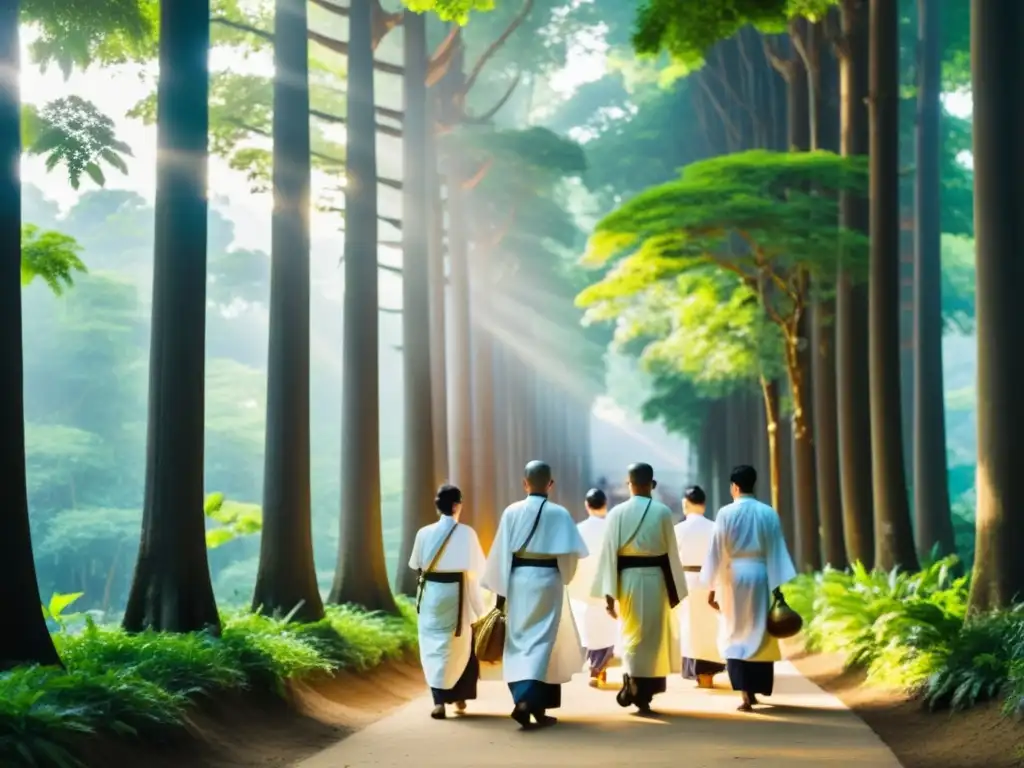 Un grupo de peregrinos budistas camina por un frondoso bosque, creando una atmósfera de tradición japonesa y espiritualidad