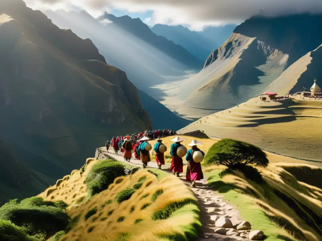 Un grupo de peregrinos indígenas camina por el Qhapaq Ñan, rodeado de imponentes montañas andinas y valles exuberantes