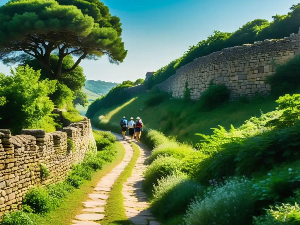 Un grupo de peregrinos camina en un sendero soleado y sereno, mostrando devoción espiritual y conexión con su entorno natural e histórico