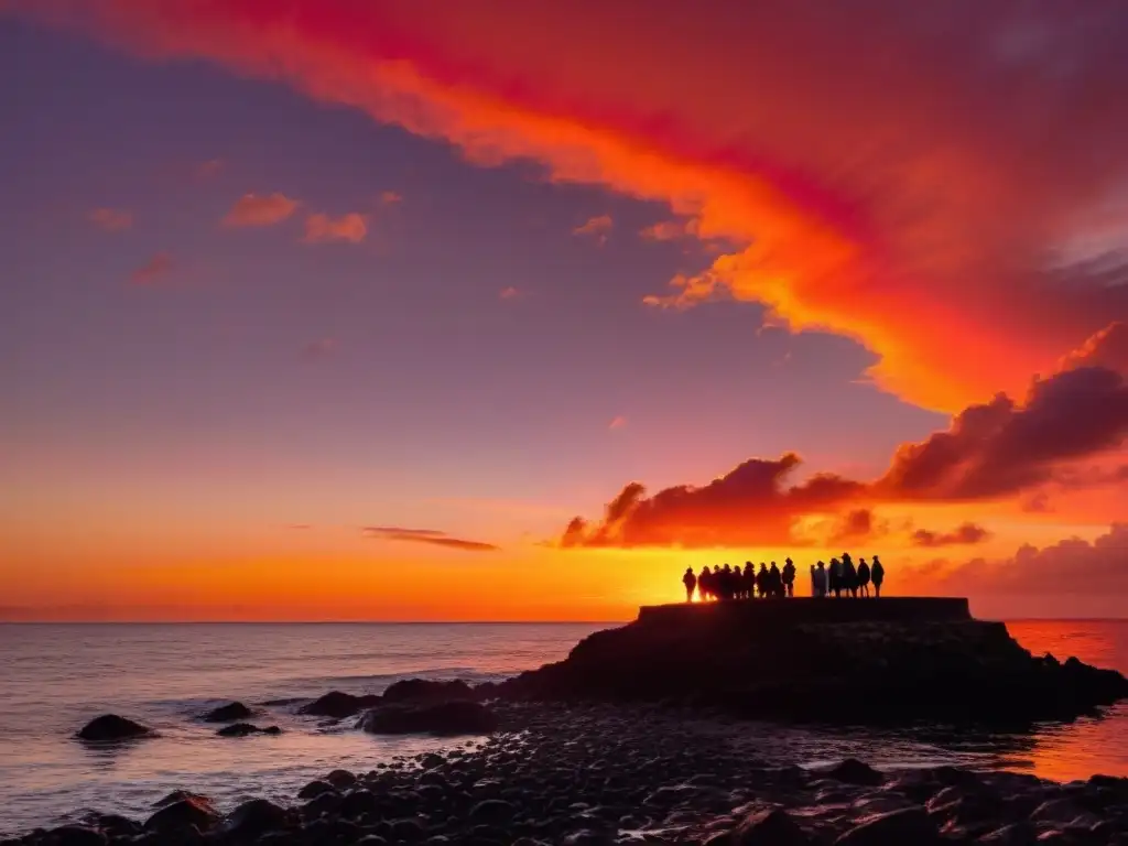 Un grupo de personas contempla el atardecer junto al océano, con el sol tiñendo el cielo de tonos anaranjados y rojizos