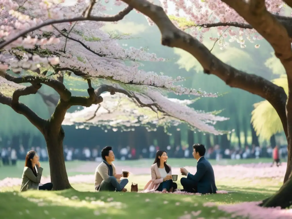 Un grupo de personas contemplando la belleza de los cerezos en flor, en una escena tranquila que captura el significado y tradición del Hanami