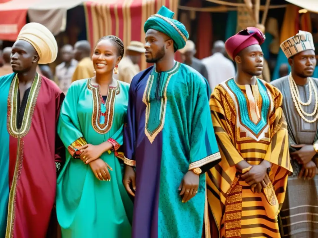 Un grupo de personas con Boubous africanos coloridos y detallados en un bullicioso mercado africano