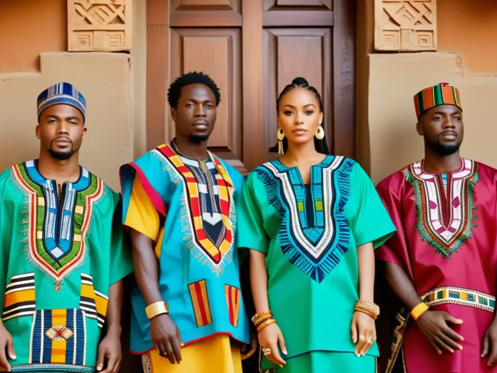 Un grupo de personas viste coloridos Dashikis en un entorno africano tradicional, resaltando la vestimenta africana Dashiki tradicional