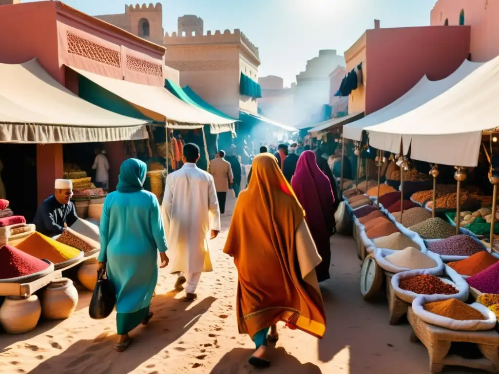 Un grupo de personas viste djellabas tradicionales del norte de África en un bullicioso mercado, mostrando orgullo cultural y tradición