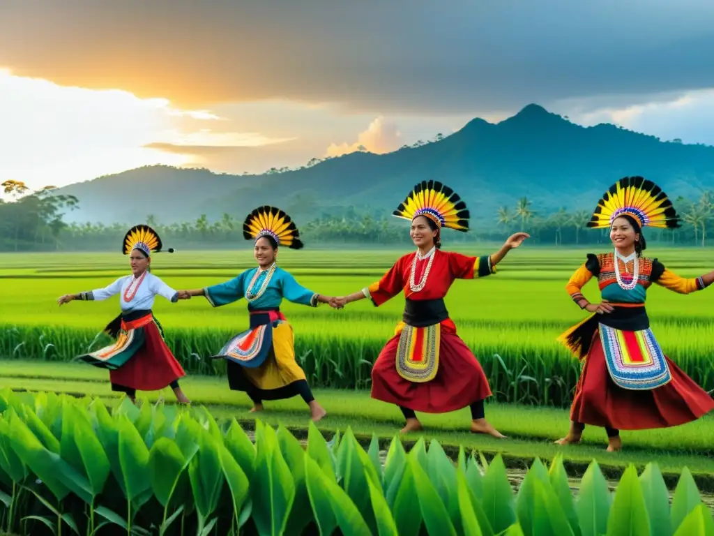 Grupo de personas Dusun en atuendos tradicionales bailando en el Festival Tadau Kaamatan, entre campos verdes, exudando alegría y gratitud