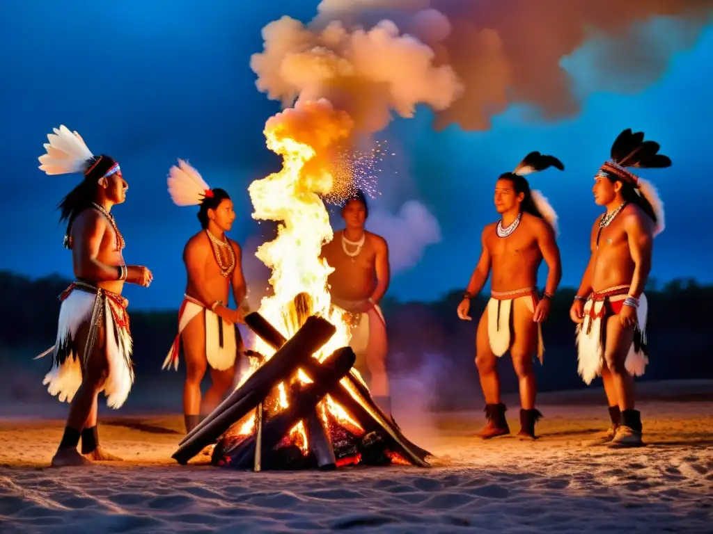 Un grupo de personas Lenape danzando alrededor de una fogata, honrando sus ancestros y conectándose con la naturaleza