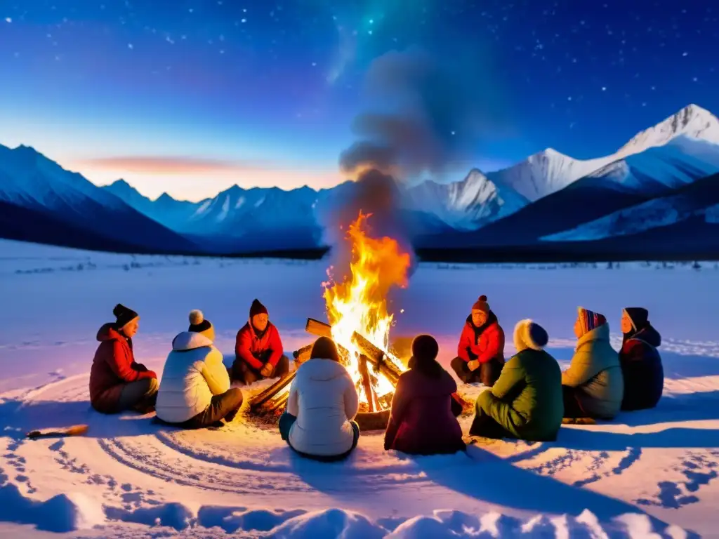 Grupo de personas alrededor de una fogata en el Festival de los Muertos en Siberia, con montañas nevadas al fondo, bajo un cielo estrellado