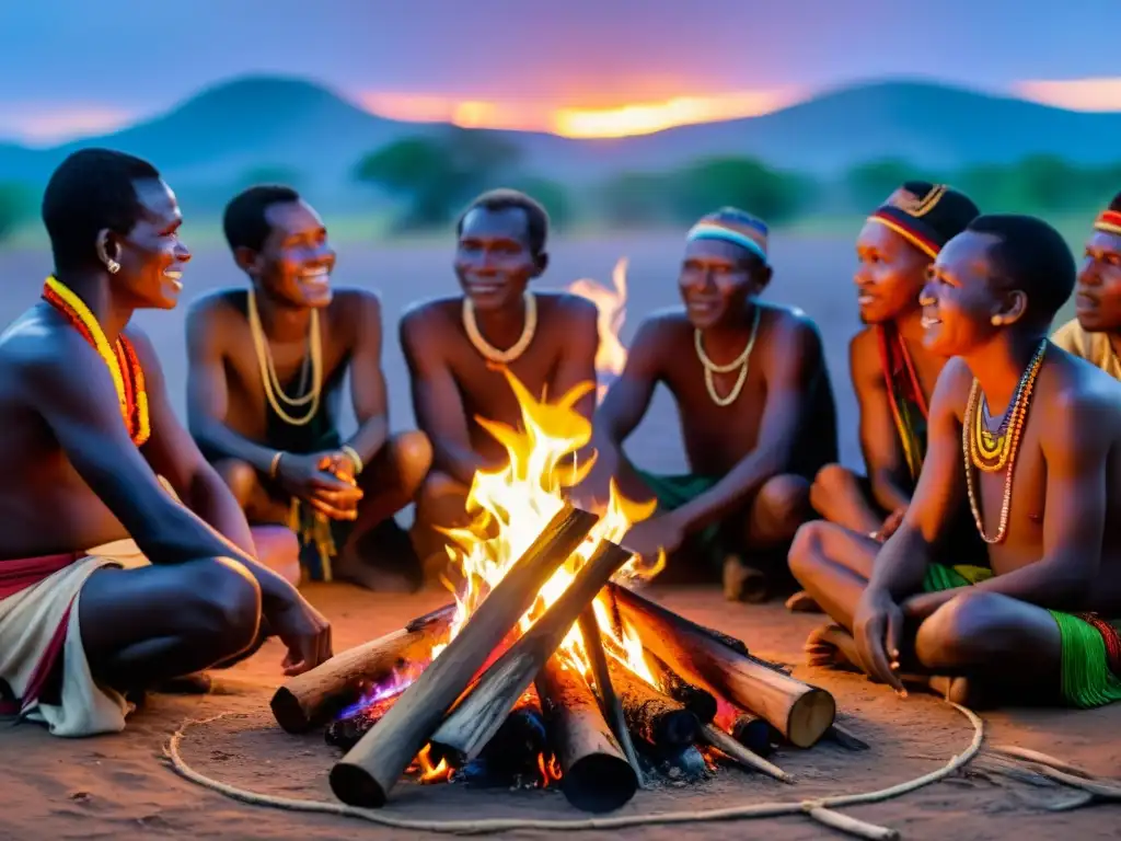 Un grupo de personas Bambara se reúne alrededor de una fogata, compartiendo historias tradicionales