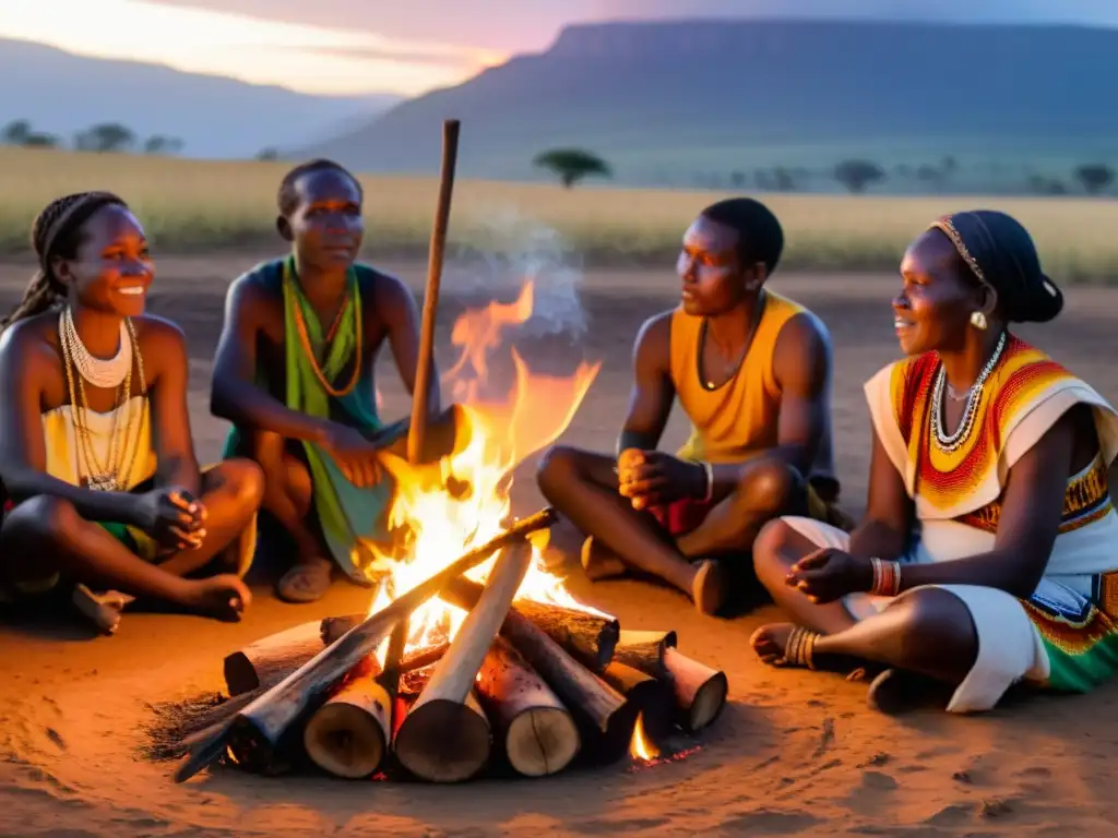 Un grupo de personas se reúnen alrededor de un fuego sagrado en una aldea rural de África Francófona, participando en prácticas espirituales