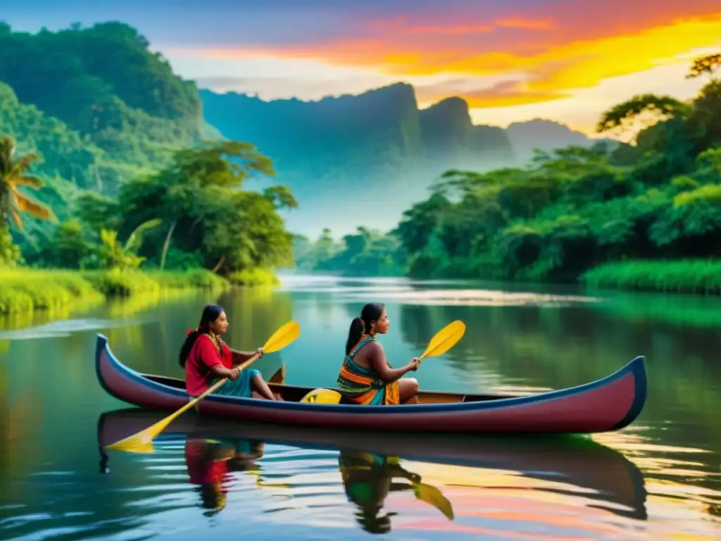 Un grupo de personas indígenas remando en una canoa colorida en un río rodeado de exuberante vegetación