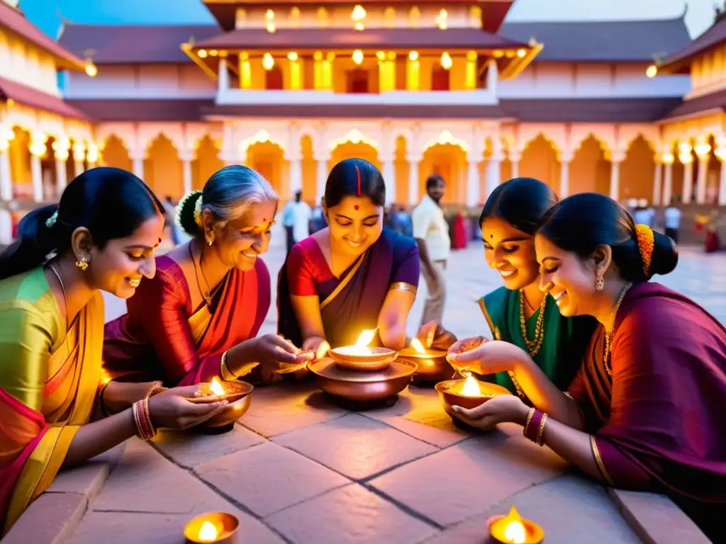 Un grupo de personas encendiendo lámparas de aceite coloridas en un patio de templo decorado, resaltando la tradición y significado del Diwali