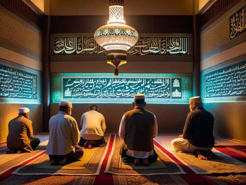 Un grupo de personas rezando en una mezquita iluminada por velas, con una atmósfera de espiritualidad y devoción en los rituales y creencias en la cultura islámica durante La Noche de los Deseos