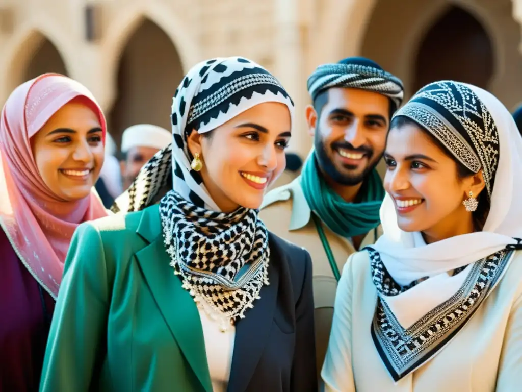 Un grupo de personas en el Medio Oriente participa en un festival con keffiyehs, símbolo cultural e historia del keffiyeh