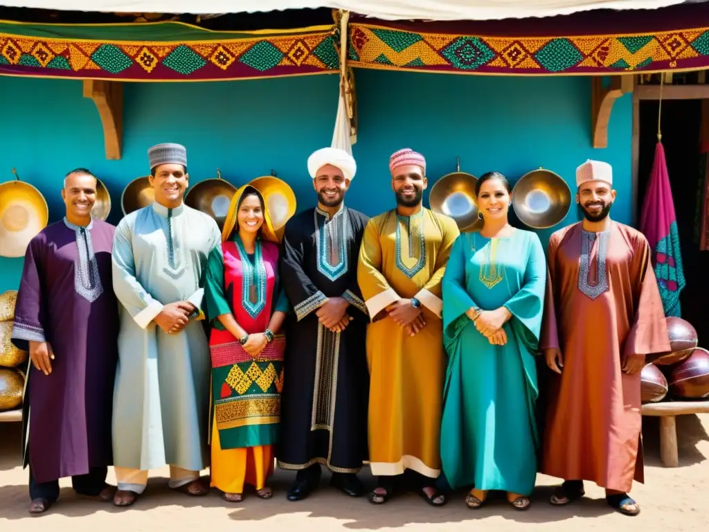 Un grupo de personas lleva puestas Djellabas tradicionales del norte de África en un mercado bullicioso, destacando los vibrantes colores y diseños