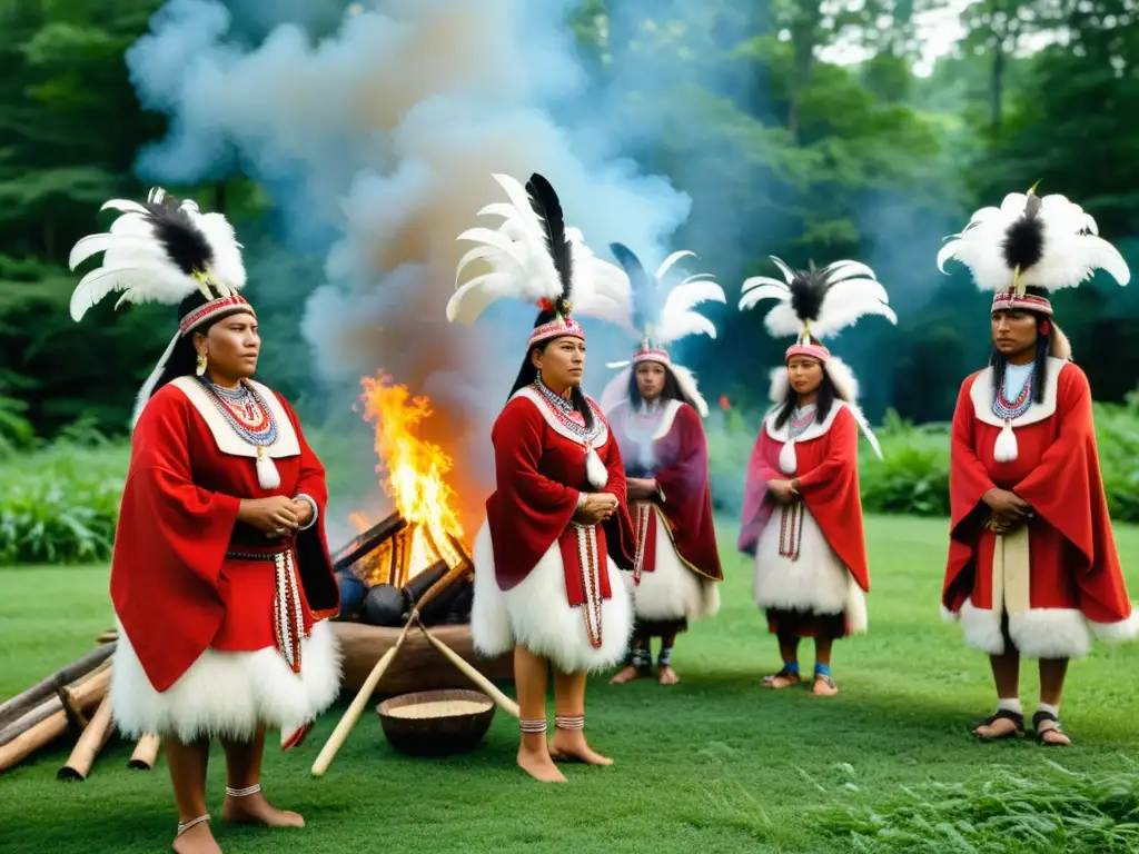 Un grupo de personas Lenape realiza un ritual tradicional en un bosque, vistiendo trajes coloridos y decorados con plumas y abalorios