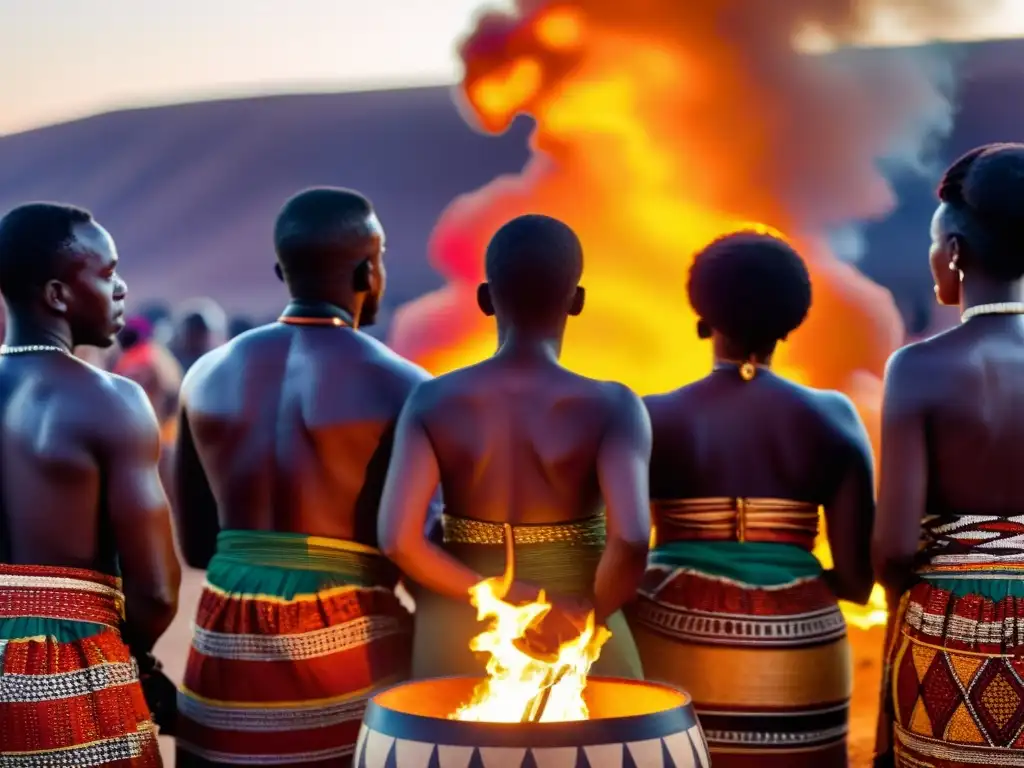 Un grupo de personas en ropa tradicional africana se reúne alrededor de una gran hoguera ceremonial