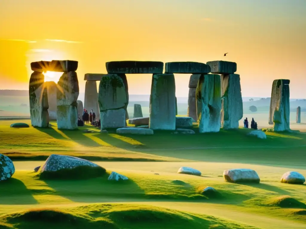 Grupo de personas celebra el solsticio de verano en Stonehenge, con una atmósfera de misticismo y reverencia