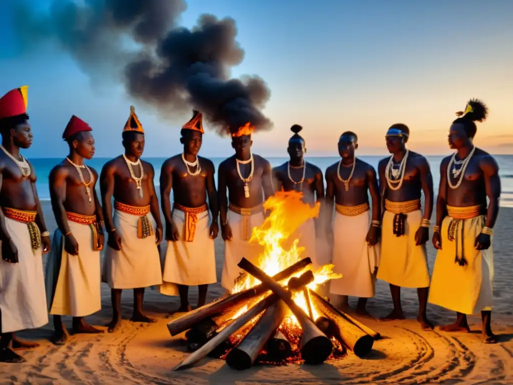 Grupo de personas togolesas en un ritual de vudú alrededor de una fogata sagrada, mostrando la riqueza cultural de los rituales de vudú en Benín y Togo